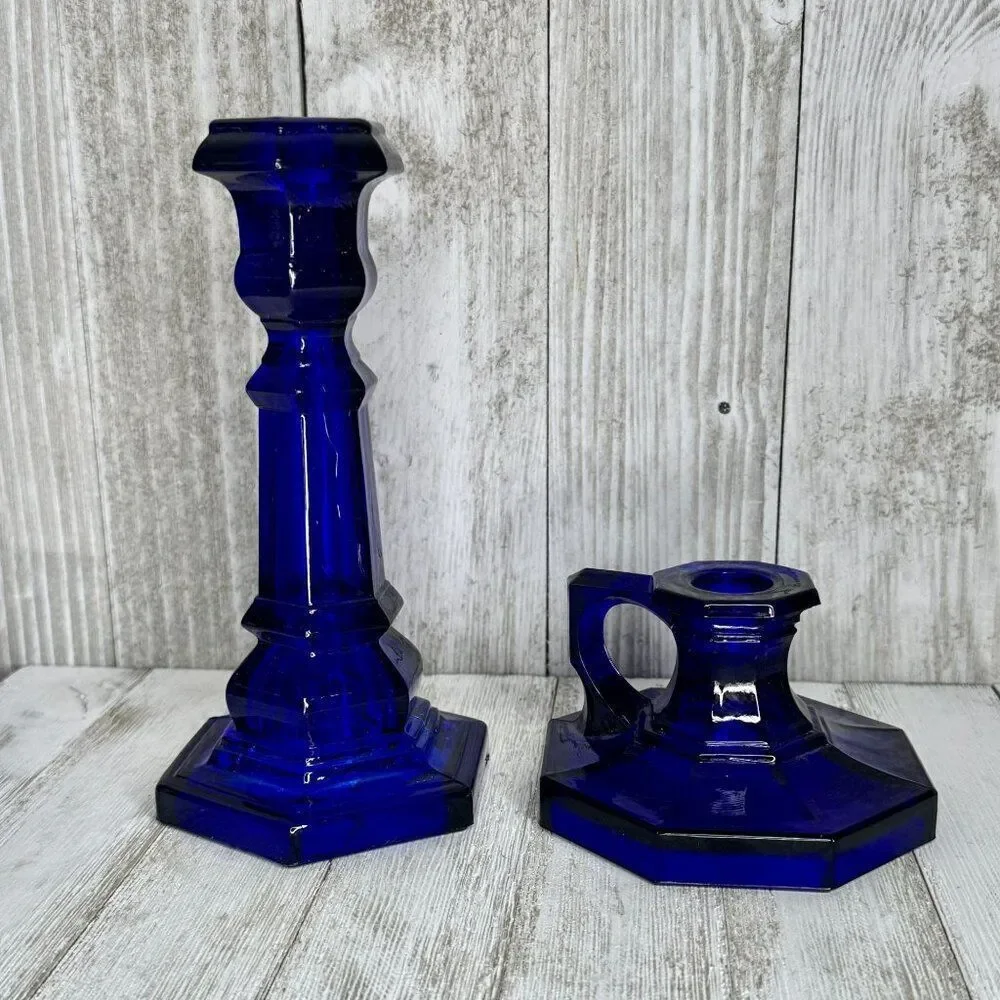 Vintage Cobalt Blue Glass Candle Holders Set of Two